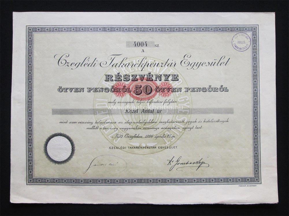 Czeglédi Takarékpénztár Egyesület részvény 50 pengő 1926 Cegléd